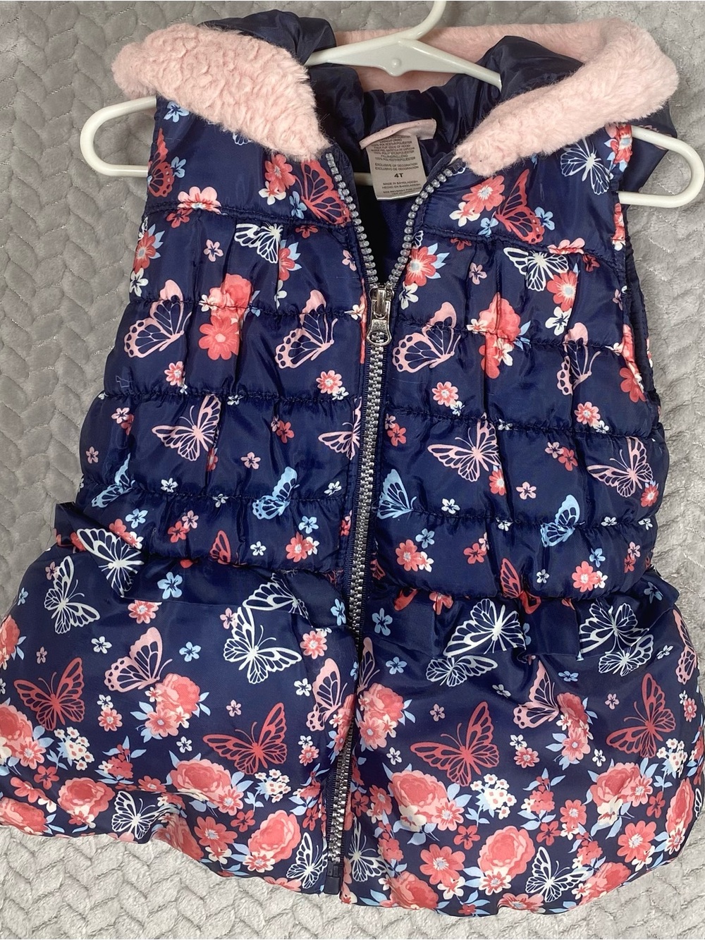 Little Lass Puffer Vest 4T Girls' Hooded Faux Fur Trim Navy Pink Floral Winter